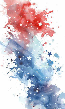 Watercolor splashes in red and blue colors with stars. USA national holiday concept background.の素材