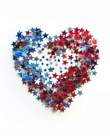 Closeup of glitter stars confetti in USA flag colors in heart shape. Template for national holidays background - Independence day(4th of July), Veterans day, Labor day, Memorial day concept.の素材