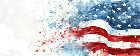 Abstract flag of United states of America made from watercolor paint splashes in red and blue colors with stars. USA national holiday concept background.の素材