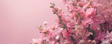 Flower bouquet on pink colored background with copyspace. Template for horizontal banner.の素材