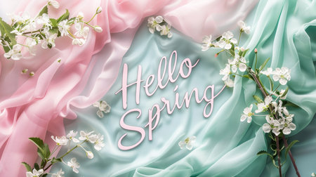 Hello spring - modern calligraphy inspirational text on delicate fabric background with flowersの素材