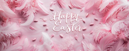 Happy Easter -calligraphy lettering on pink background with Easter eggs and feathersの素材