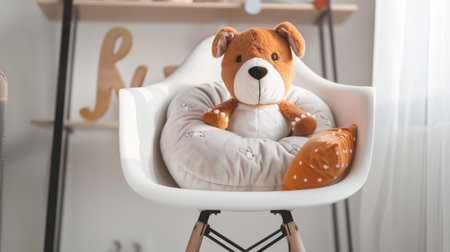 Modern interior - children pillow in shape of dog toy on white chair.の素材