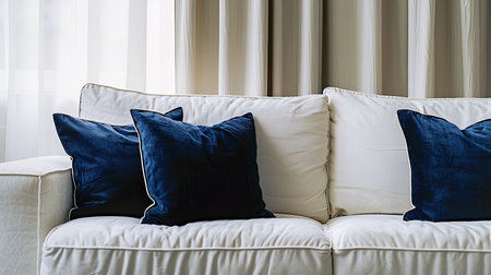 Interior design, living room with couch and colorful pillows.の素材