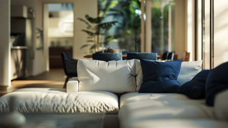 Interior design, living room with couch and colorful pillows.の素材