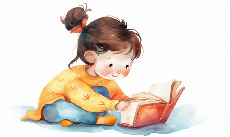 Little girl reading a book. Cute cartoon watercolor illustration.の素材