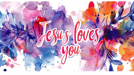 Jesus loves you - lettering on light abstract watercolor splash background. Religious conceptの素材