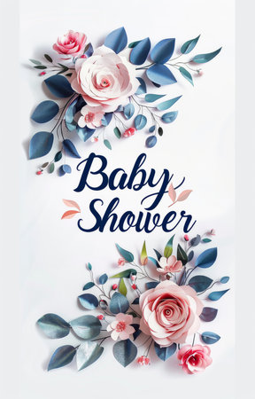 Baby Shower - calligraphy lettering with flowers decoration. Template for party invitation.の素材