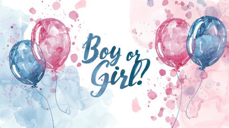 Boy or girl. Gender reveal illustration. Inspirational modern calligraphy lettering with painted blue and pink balloons. Template typography for party invitation, banner, poster.の素材