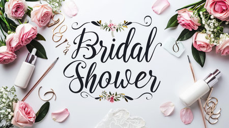 Bridal shower invitation template with roses. Lettering calligraphy.の素材