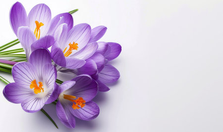 Background with purple crocuses, spring nature flowers, template for horizontal bannerの素材