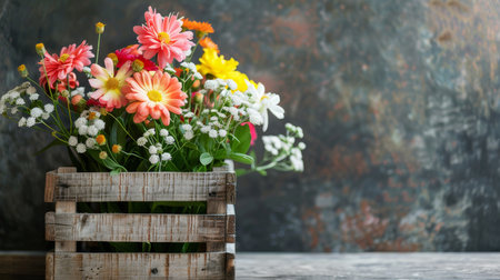 Beautiful spring flowers in wooden boxの素材