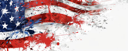 Abstract flag of United states of America made from watercolor paint splashes in red and blue colors with stars. USA national holiday concept background. Template for banner.の素材