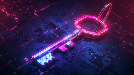 Locked data security concept. Abstract futuristic technology background. Glowing background with key.の素材