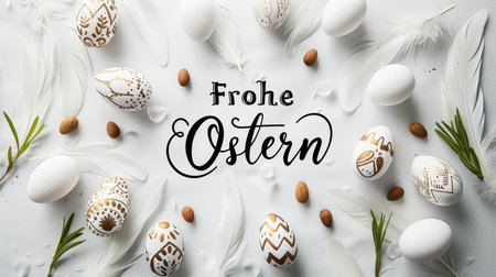 Frohe Ostern - Happy Easter in Germany. Abstract background with painted Easter eggs and feathers. Easter concept background.の素材