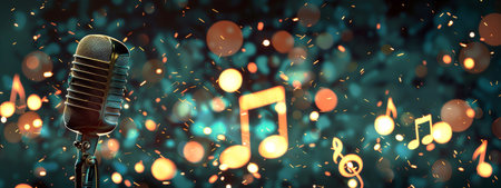 Glowing music sheets notes on beautiful lights bokeh background with microphoneの素材