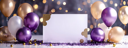 Golden and purple balloons with glitter decoration. Template for birthday greeting card. Empty copyspace for your textの素材