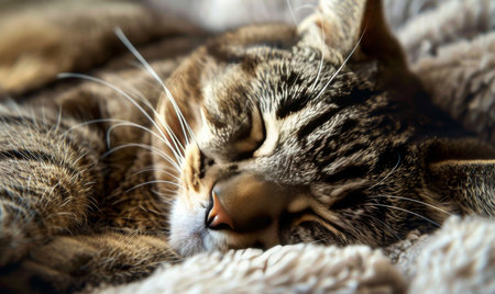 Cute cat sleeping on fluffy blanketの素材