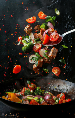 Stir fry meat, vegetables and rice cooking in wok, flying ingredients. Chinese recipes. Wok preparation ingredientsの素材