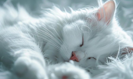 White cat sleeping on fluffy blanketの素材
