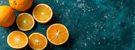 Oranges on dark teal background banner with copyspace for your textの素材