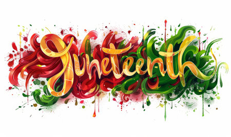 Juneteenth - lettering on abstract painted splash background. Modern calligraphy handlettering. Freedom Day concept.の素材