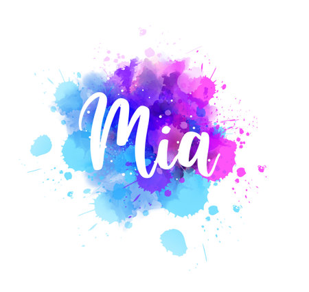 Mia - handwritten modern calligraphy lettering for girl's name on abstract multicolored watercolor splash backgroundのイラスト素材