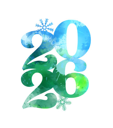 Numbers 2026 with a snowflake design in blue and green watercolor designのイラスト素材