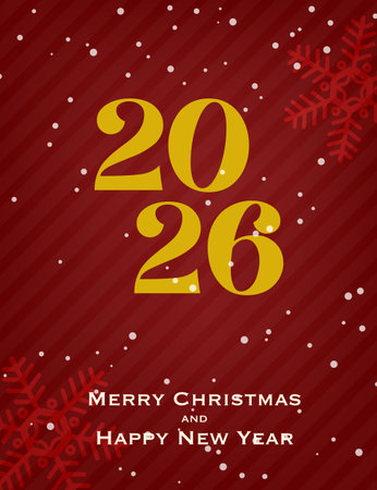 Text '2026' in large yellow numbers on a red background with snowflakes and small snow dots. New Year greeting cardのイラスト素材