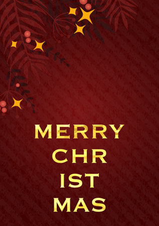 A holiday card with a festive design with leaves, red holly berries, and white stars, along with the text 'Merry Christmas' on dark red background.のイラスト素材