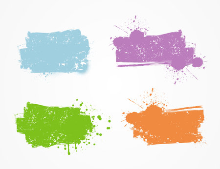 Set of colorful grunge banners for your design. Modern grungy design with vintage texture and paint splashes and splatterのイラスト素材