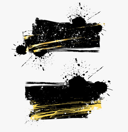 Set of black grunge banners for your design. Modern grungy design with vintage texture and decorative golden paint strokesのイラスト素材
