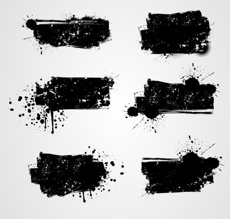 Set of black grunge banners for your design. Modern grungy design with vintage texture and paint splashes and splatterのイラスト素材