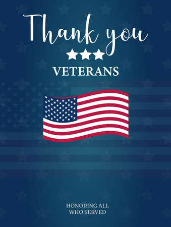 A thank you message for veterans with an American flag design on a blue background. Veteran's day in USA holiday background. thank you veterans. Honoring all who served.のイラスト素材
