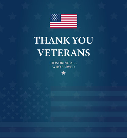 A thank you message for veterans with an American flag design on a blue background. Veteran's day in USA holiday backgroundのイラスト素材