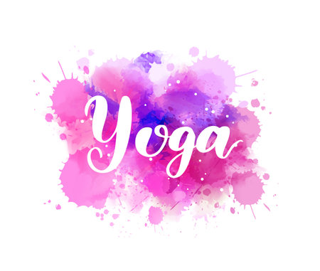 Yoga - handwritten modern calligraphy text on pink watercolor paint splash.のイラスト素材