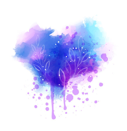 A heart-shaped watercolor design with shades of blue and purple, featuring leaf patterns and small white dots.のイラスト素材