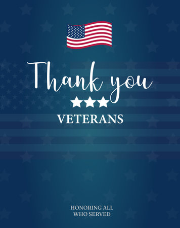 A thank you message for veterans with an American flag design on a blue background. Veteran's day in USA holiday backgroundのイラスト素材