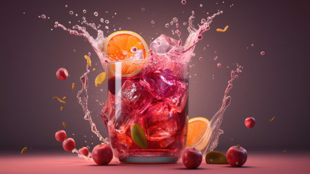 Cocktail with fruits and ice splashes. 3d renderingの素材