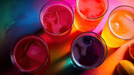 Colorful fruit juices in glass on colorful background. Top view.の素材