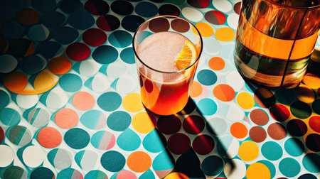 Cocktail in a glass on a multicolored mosaic backgroundの素材