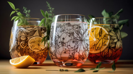 Refreshing summer drink with lemon and herbs in glasses on wooden tableの素材