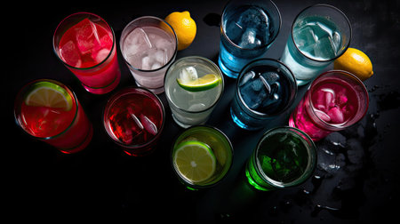 Variety of alcoholic cocktails on a black background. Top view.の素材