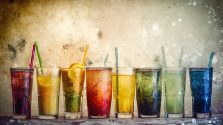 Colorful drinks in glasses on grunge background. Selective focus.の素材
