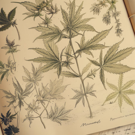 Cannabis leaves on old book. Vintage style. Close up.の素材