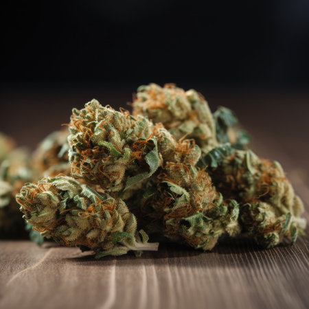 Cannabis buds on a wooden table. Close-up.の素材