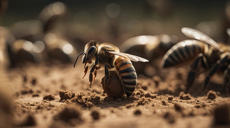 Close up of a bee searching for food on the ground with blurred backgroundの素材