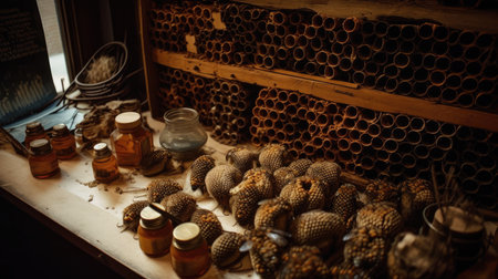 Pine cones and bottles of essential oil on a wooden shelf.の素材