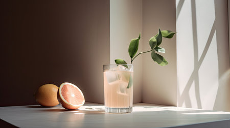 A glass of fresh grapefruit juice on a white table with a plant in the backgroundの素材