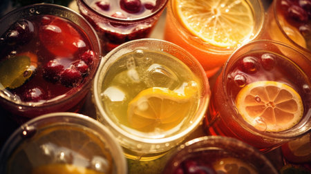 Variety of fruit drinks in glasses on wooden table. Top view.の素材